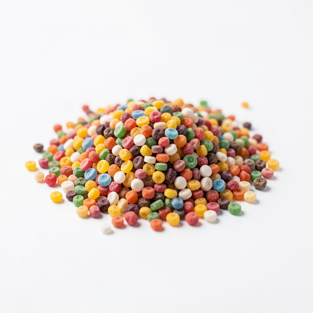 Macro photograph of vitamin and mineral powder granules on a clean laboratory-grade white surface under controlled bright studio lighting